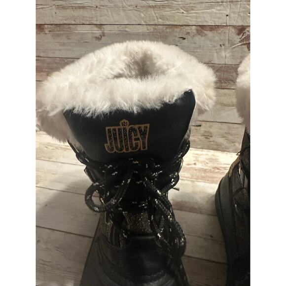 Juicy Couture Glitter Escalon Snow Boots Girls Size 3 Black Gold Blingy Sherpa - Picture 5 of 9